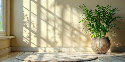 Poster - Empty room with potted plant and a circular rug on beige wall background