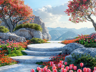 Wall Mural - Empty stone platform with colorful flowers and lush greenery in a mountain background