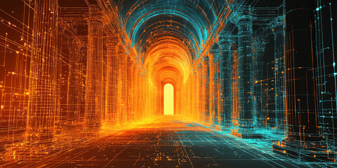 Holographic projection of a classical building in a futuristic digital space, with a vibrant blue and black background, embodying a concept of innovation