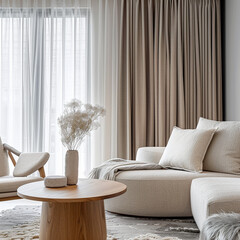 Capturing the unique blend of functionality and style in a living room adorned with dimout curtains and minimalist scandinavian furniture. 