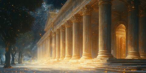 Holographic projection of a classical building in a futuristic digital space, with a vibrant blue and black background, embodying a concept of innovation