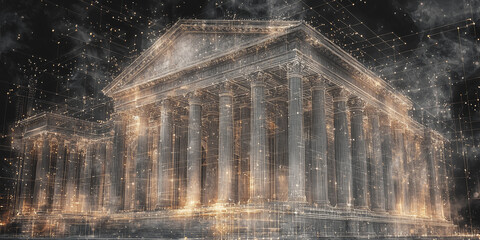 Holographic projection of a classical building in a futuristic digital space, with a vibrant blue and black background, embodying a concept of innovation