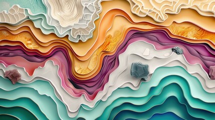 Wall Mural - An abstract illustration of a geological map with colors representing different rock formations and geological structures.