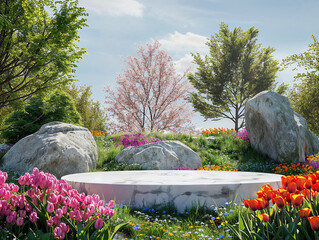 Poster - Empty marble podium displaying with colorful flowers in a garden with trees and rocks on a sunny day