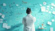 © MAY - A scientist standing in front of a whiteboard covered in data and charts, representing the analysis of knowledge in scientific research.