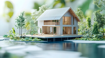 Canvas Print - Modern house on a small island surrounded by trees and water.