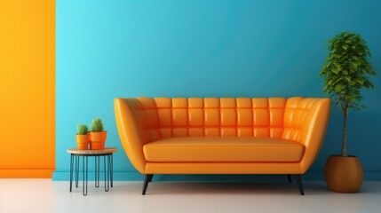 Orange love seat sofa and barrel chair against of blue wall