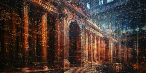 Holographic projection of a classical building in a futuristic digital space, with a vibrant blue and black background, embodying a concept of innovation