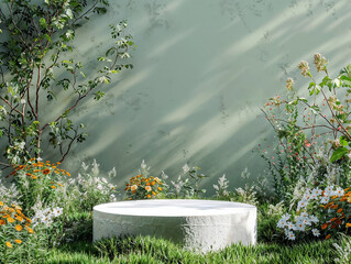 Poster - Empty round podium displaying, flowers and plants in a garden with a green wall background