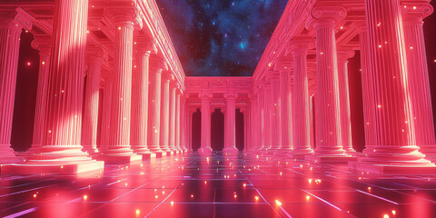 Holographic projection of a classical building in a futuristic digital space, with a vibrant blue and black background, embodying a concept of innovation