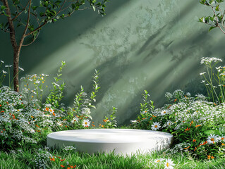 Round empty platform with flowers in a garden with a green wall background