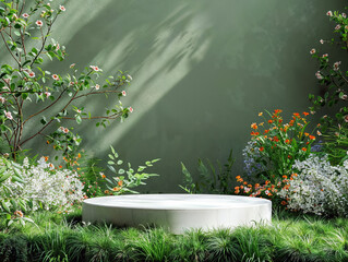 Poster - Round empty platform with flowers and plants displaying a cosmetic product on a green wall background with natural light