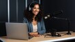 © Maria_artist - Woman hosting podcast show, recording an episode in a professional studio on a solid colour background