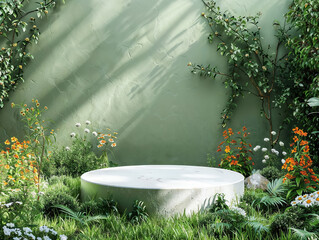 Poster - Round empty display platform with flowers and plants on a green wall background with sunshine