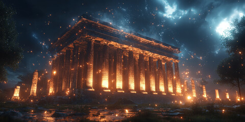 Holographic projection of a classical building in a futuristic digital space, with a vibrant blue and black background, embodying a concept of innovation