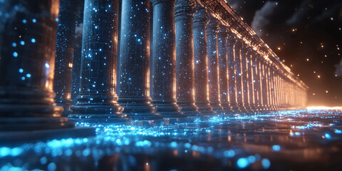 Holographic projection of a classical building in a futuristic digital space, with a vibrant blue and black background, embodying a concept of innovation