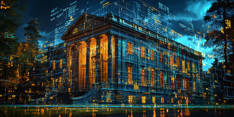 Holographic projection of a classical building in a futuristic digital space, with a vibrant blue and black background, embodying a concept of innovation