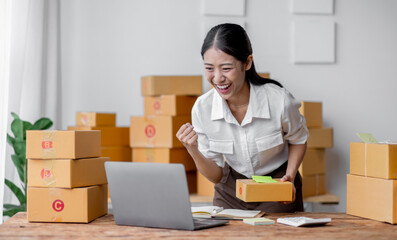 Excited happy asian woman working for smeproduction online at home with her laptop,she’s sme online seller.