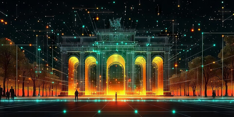 Holographic projection of a classical building in a futuristic digital space, with a vibrant blue and black background, embodying a concept of innovation