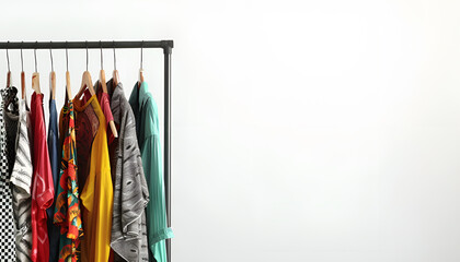 Dry-cleaning service. Many different clothes hanging on rack against white background, space for text