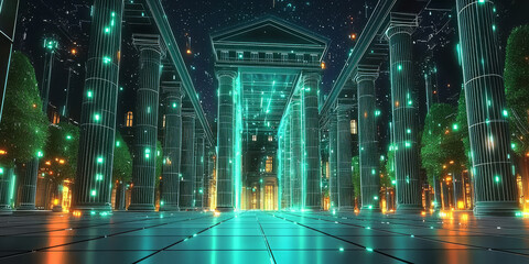 Holographic projection of a classical building in a futuristic digital space, with a vibrant blue and black background, embodying a concept of innovation