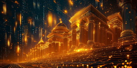 Holographic projection of a classical building in a futuristic digital space, with a vibrant blue and black background, embodying a concept of innovation