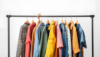 Dry-cleaning service. Many different clothes hanging on rack against white background, space for text