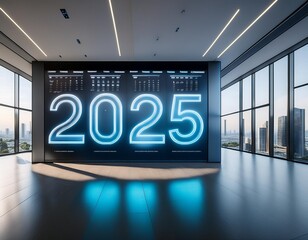 Wall Mural - A sleek, digital wall calendar in a modern office with -2025- prominently displayed 