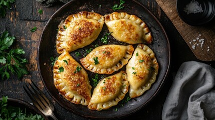 Wall Mural - Pierogies with potato and cheese filling, food photography, 16:9