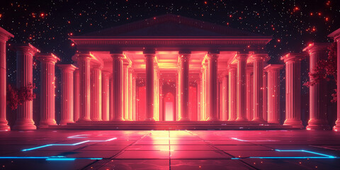 Holographic projection of a classical building in a futuristic digital space, with a vibrant blue and black background, embodying a concept of innovation