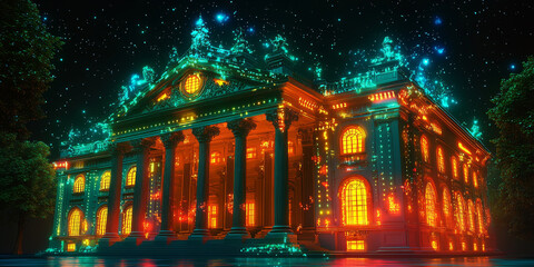 Holographic projection of a classical building in a futuristic digital space, with a vibrant blue and black background, embodying a concept of innovation