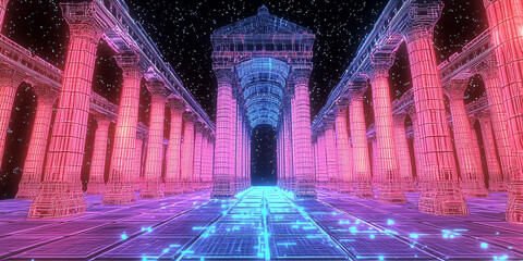 Holographic projection of a classical building in a futuristic digital space, with a vibrant blue and black background, embodying a concept of innovation