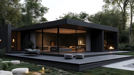 Canvas Print - Modern black house with patio and fireplace.