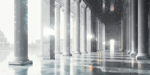 Holographic projection of a classical building in a futuristic digital space, with a vibrant blue and black background, embodying a concept of innovation