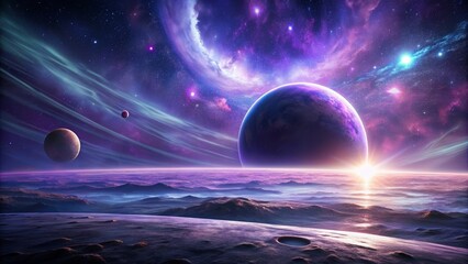 Surreal futuristic space scene with a purple planet , space, futuristic, surreal,purple, planet, stars