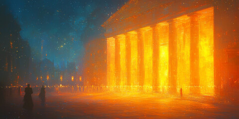Holographic projection of a classical building in a futuristic digital space, with a vibrant blue and black background, embodying a concept of innovation