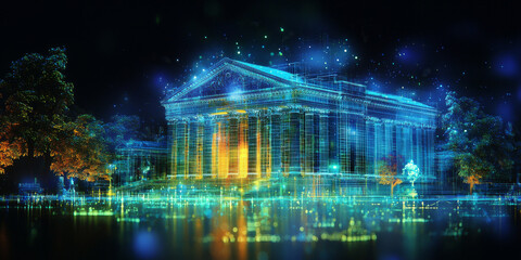 Holographic projection of a classical building in a futuristic digital space, with a vibrant blue and black background, embodying a concept of innovation