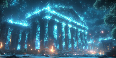 Holographic projection of a classical building in a futuristic digital space, with a vibrant blue and black background, embodying a concept of innovation