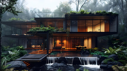 Poster - Modern Glass House with Waterfall in Lush Forest - 3D Illustration