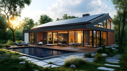 Wall Mural - Modern home with swimming pool and solar panels.