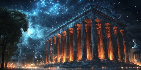 Holographic projection of a classical building in a futuristic digital space, with a vibrant blue and black background, embodying a concept of innovation