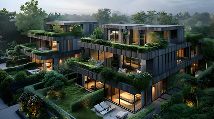 Sticker - Modern Green Roofed Luxury Homes 3D Illustration