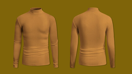 Blank brown turtleneck long sleeve t shirt front and back view on a yellow background, for mockup template