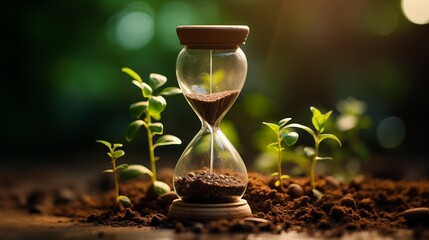 hourglass containing green plants in a natural environment