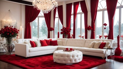 living room with two white couches, a coffee table, a fireplace, red curtains, red roses and a chandelier.