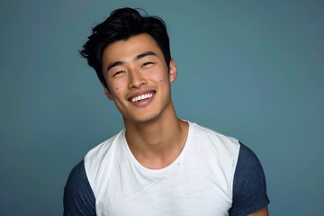 Wall Mural - Smiling Man with Dark Hair and White T-Shirt