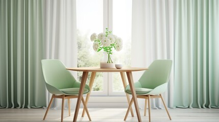 Two mint color chairs at round wooden dining table 