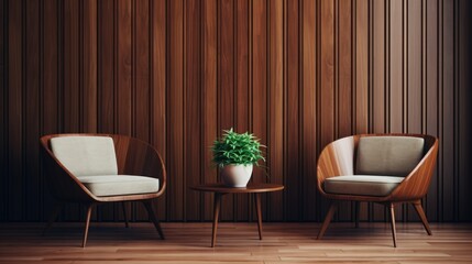 Two wooden chairs and round coffee table against wood