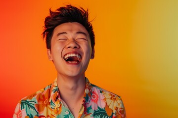 Wall Mural - Joyful Portrait of a Young Man in a Floral Shirt