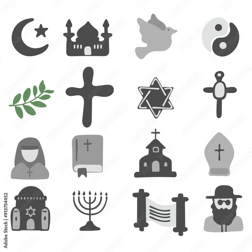set of doodle religion symbols illustration vector isolated on white ...